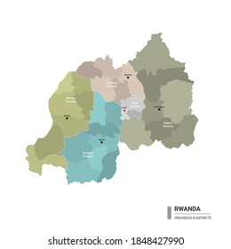 Rwanda Higt Detailed Map With Subdivisions. Administrative Map Of Rwanda With Districts And Cities Name, Colored By States And Administrative Districts. Vector Illustration 