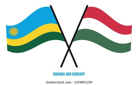 Rwanda and Hungary Flags Crossed And Waving Flat Style. Official Proportion. Correct Colors.
