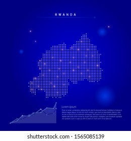 Rwanda illuminated map with glowing dots. Infographics elements. Dark blue space background. Vector illustration. Growing chart, lorem ipsum text.