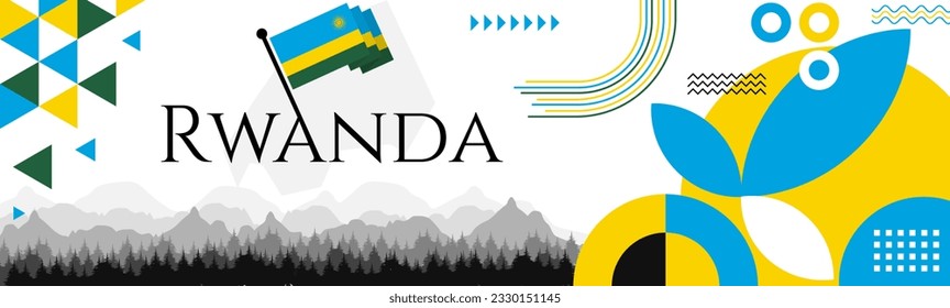 Rwanda Independence Day abstract banner design with flag and map. Flag color theme geometric pattern retro modern Illustration design. Blue, yellow and red color template.