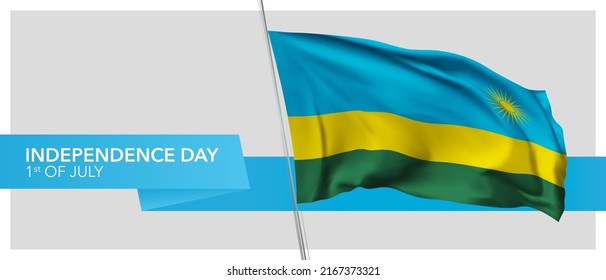 Banner vectorial del día de la independencia de Ruanda, tarjeta de saludo. Bandera ondulada ruandesa en el diseño horizontal del feriado patriótico del 1 de julio