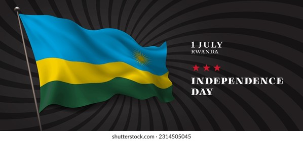 Banner vectorial del día de la independencia de Ruanda, tarjeta de saludo. Bandera ondulada ruandesa en el diseño horizontal del feriado patriótico nacional del 1 de julio