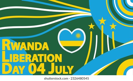 
Diseño de pancartas vectoriales del Día de la Liberación de Rwanda con formas geométricas retro, bandera de Rwanda y tema de color, forma cardíaca y tipografía. 
Afiche gráfico moderno del Día de la Liberación de Rwanda  