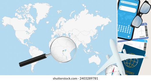 Rwanda is magnified over a World Map, illustration with airplane, passport, boarding pass, compass and eyeglasses. Vector illustration.