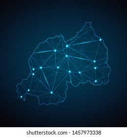 Rwanda Map - Abstract geometric mesh polygonal network line, structure and point scales on dark background with lights in the form of cities. Vector illustration eps 10.