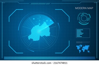 Rwanda Map Of Blue Digital Frame Technology Radar Vector HUD, GUI, UI Interface.