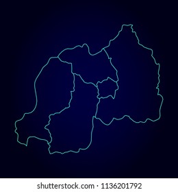 Rwanda map: blue glitter outline with sparkling stars on dark background. Detailed map of Rwanda. Vector illustration.