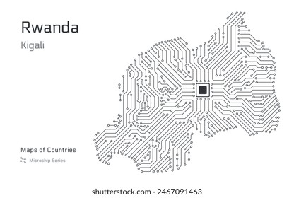 Ruanda Mapa con la capital de Kigali en un patrón de microchip con procesador. Gobierno electrónico. Mapas de Vector de Países Mundiales. Serie de microchips	