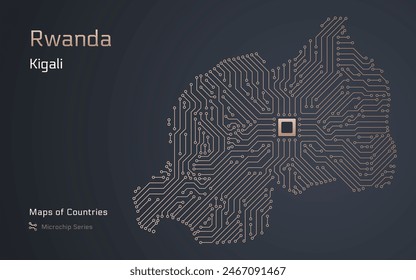 Ruanda Mapa con la capital de Kigali en un patrón de microchip con procesador. Gobierno electrónico. Mapas de Vector de Países Mundiales. Serie de microchips	