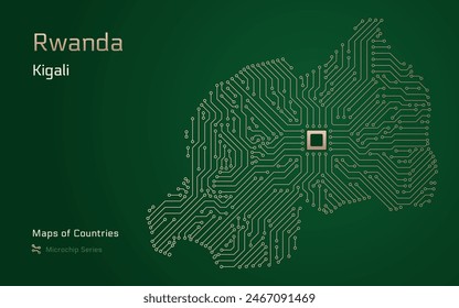 Rwanda Map with a capital of Kigali Shown in a Microchip Pattern with processor. E-government. World Countries vector maps. Microchip Series	