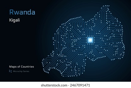 Ruanda Mapa con la capital de Kigali en un patrón de microchip con procesador. Gobierno electrónico. Mapas de Vector de Países Mundiales. Serie de microchips	