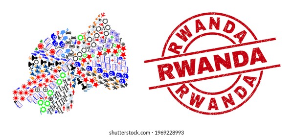 Rwanda map collage and scratched Rwanda red round stamp. Rwanda stamp uses vector lines and arcs. Rwanda map collage includes helmets, homes, showers, bugs, men, and more pictograms.