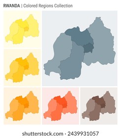 Rwanda map collection. Country shape with colored regions. Blue Grey, Yellow, Amber, Orange, Deep Orange, Brown color palettes. Border of Rwanda with provinces for your infographic.