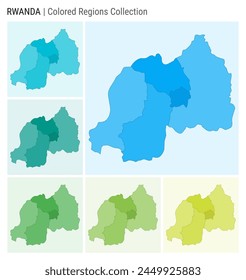 Colección del mapa de Ruanda. Forma de Country con regiones de color. Paletas de colores azul claro, cian, verde azulado, verde claro, verde lima. Frontera de Ruanda con las provincias para su infografía. Ilustración vectorial.