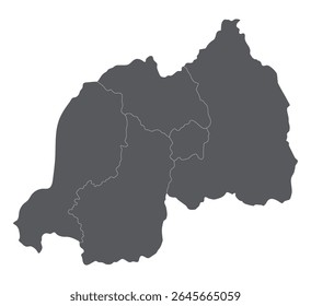 Mapa de Ruanda dividido em cinco províncias. Mapa de Ruanda dividido em cinco províncias na cor cinza