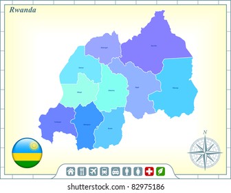 Mapa de Ruanda con botones de bandera y asistencia y activa iconos Ilustración original