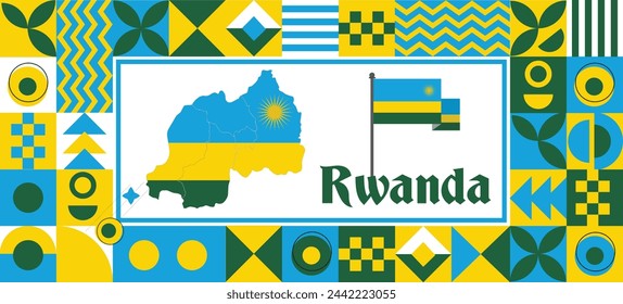 Ruanda Mapa Día de la Independencia geométrica País web banner corporativo diseño de fondo abstracto con tema de la bandera. Ilustración vectorial de país