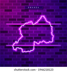 Rwanda map glowing neon lamp sign. Realistic vector illustration. Country name plate. Purple brick wall, violet glow, metal holders.