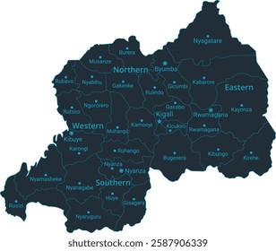 Rwanda map high detailed with administrative divide by state, capital cities names, outline simplicity style. Vector illustration EPS10.