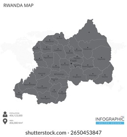 Mapa de Ruanda alto detallado con las regiones y ciudades del país sobre fondo blanco. Ilustración vectorial EPS10.