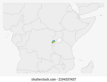 Rwanda map highlighted in Rwanda flag colors, gray map with neighboring countries.