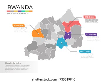 Rwanda map infographics vector template with regions and pointer marks