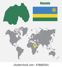 Rwanda map on a world map with flag and map pointer. Vector illustration