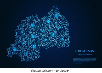 Rwanda map from point blue and glowing stars on a dark background. Vector eps 10.