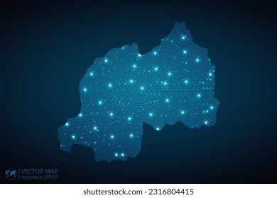 Rwanda map radial dotted pattern in futuristic style, design blue circle glowing outline made of stars. concept of communication on dark blue background. Vector EPS10