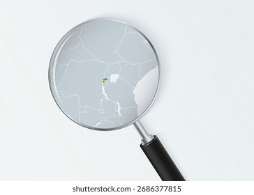 Rwanda Map Under Magnifying Glass with National Flag Overlay. The image represents geographical focus, national identity, and exploration.