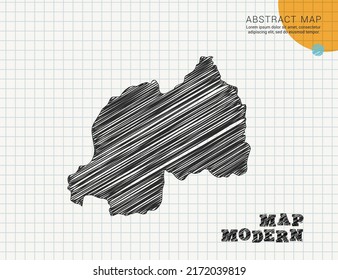 Mapa de Ruanda de silueta negra vectorial chaótica dibujo a mano de garabatos sobre papel de cuadrícula usado para notas o decoración.