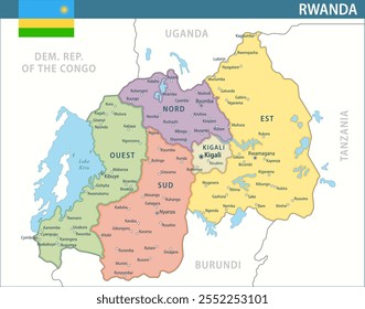 Rwanda Map Vector New 2024 Colorful - Customizable layered political map of Rwanda with administrative divisions for website, education, reports, news, politics, print, poster and wallpaper