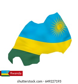 Rwanda map with waving flag of country. Vector illustration.