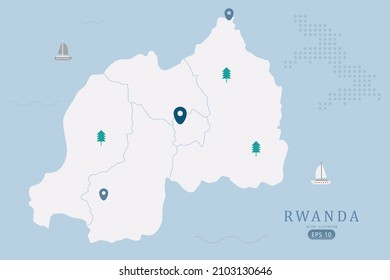 Rwanda Map - World Map International vector template High detailed with white color isolated on blue background including simple point of location, tree, boat icon - Vector illustration eps 10