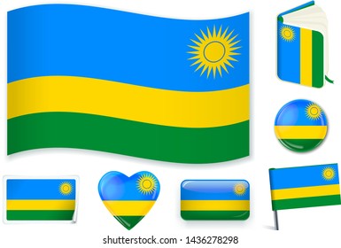Rwanda national flag. Vector illustration. 3 layers. Shadows, flat flag, lights and shadows. Collection of 220 world flags. Accurate colors. Easy changes.