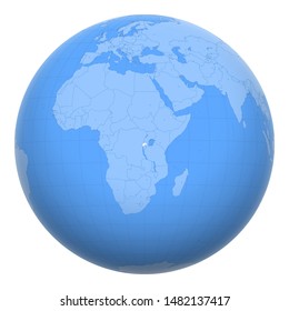 Rwanda on the globe. Earth centered at the location of the Republic of Rwanda. Map of Rwanda. Includes layer with capital cities.