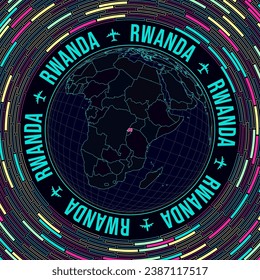 Rwanda on globe. Satellite view of the world centered on Rwanda. Bright neon style. Futuristic radial bricks background. Classy vector illustration.