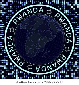 Ruanda en vector del globo. Vista satelital futurista del mundo centrada en Ruanda. Ilustración geográfica con forma de fondo de país y cuadrado. Colores luminosos de neón sobre fondo oscuro.