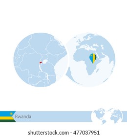 Rwanda on world globe with flag and regional map of Rwanda. Vector Illustration.