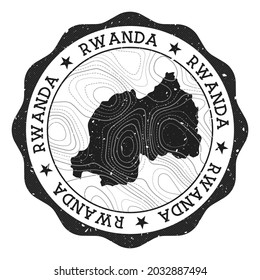 Rwanda outdoor stamp. Round sticker with a map of the country featuring topographic isolines. Vector illustration. Can be used as an insignia, logotype, label, sticker, or badge of Rwanda.