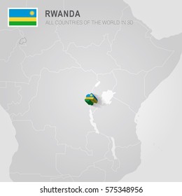 Rwanda painted with flag drawn on a gray map.