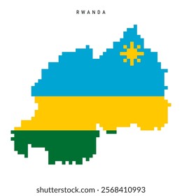 Rwanda pixel flag map icon. 8 bit pixel art Rwandan map covered with flag. Flat vector illustration isolated on white background.