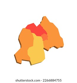 Rwanda political map of administrative divisions - provinces. 3D map in shades of orange color.