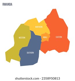 Rwanda political map of administrative divisions - provinces. Colorful spectrum political map with labels and country name.