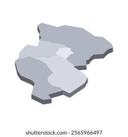 Rwanda political map of administrative divisions - provinces. 3D isometric blank vector map in shades of grey.