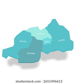 Mapa político de Ruanda das divisões administrativas - províncias. Mapa de vetor turquesa 3D com rótulos de nome.