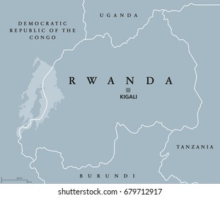 Rwanda political map with capital Kigali. Republic and sovereign state, located in Central and East Africa. Country in the African Great Lakes region. Gray illustration with English labeling. Vector.