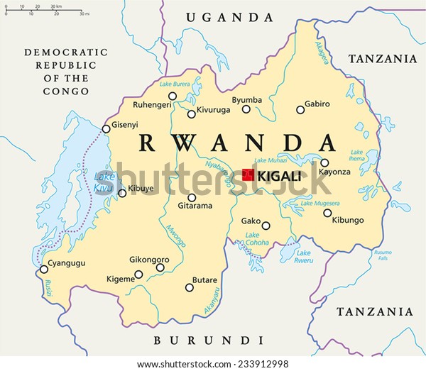 Rwanda Political Map with capital Kigali, national borders, important cities, rivers and lakes. English labeling and scaling.