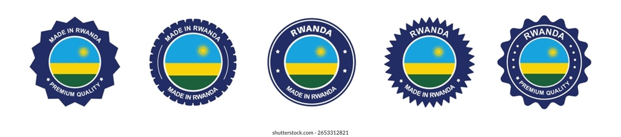 rwanda product label set. rwanda flag, premium made in rwanda . Labels, seals, stamps, flags, icons