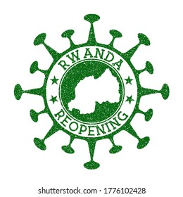 Rwanda Reopening Stamp. Green round badge of country with map of Rwanda. Country opening after lockdown. Vector illustration.